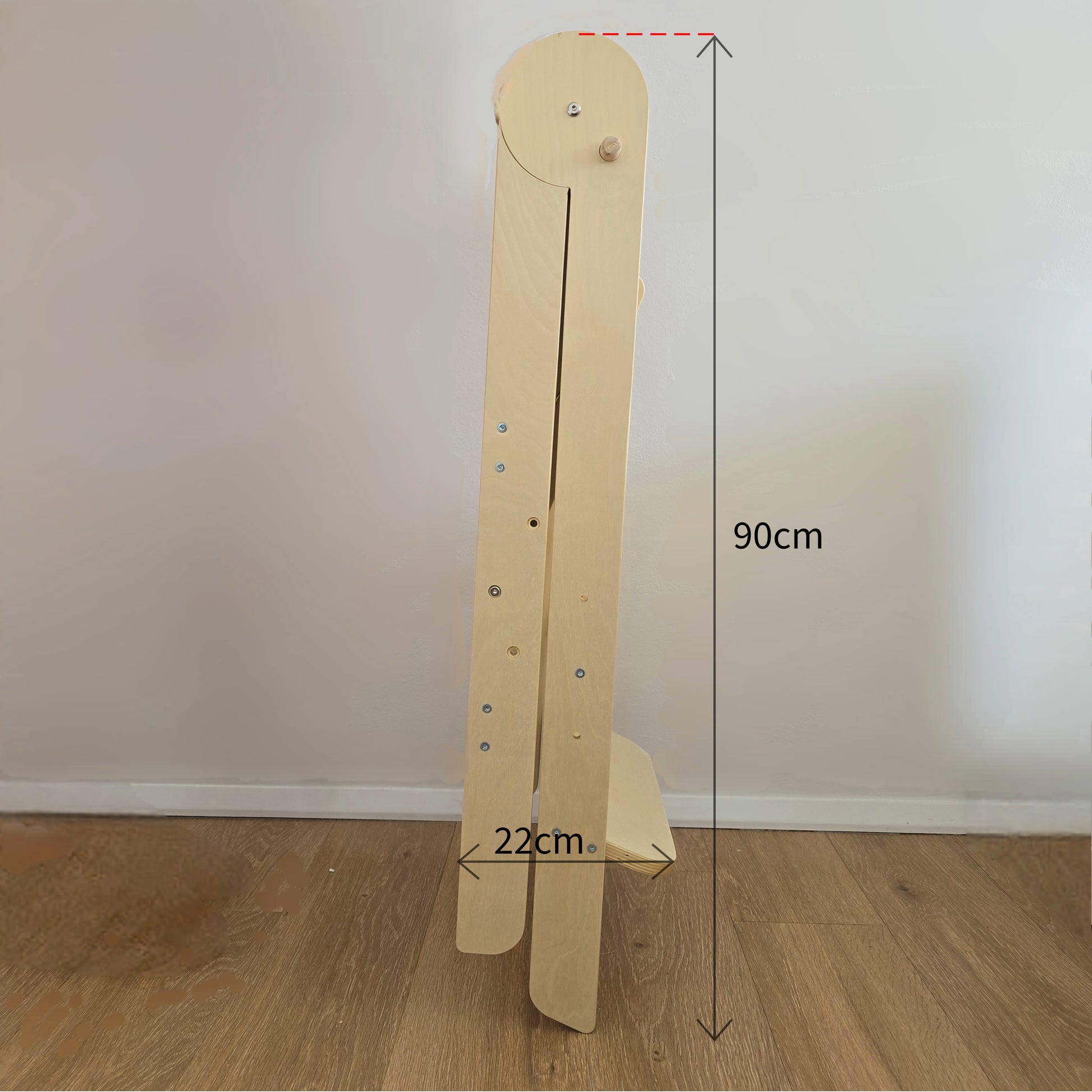 Side view of the closed Four Little Monkeys Learning Tower with displayed dimensions, illustrating its compact design for storage.