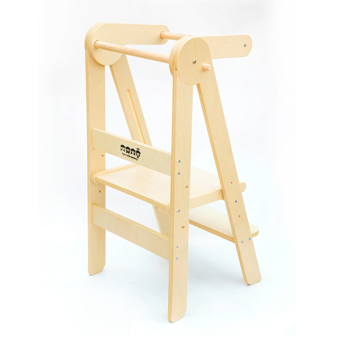 Rear view of Natural Adjustable Foldable Learning Tower showcasing the Four Little Monkeys logo on a white background.