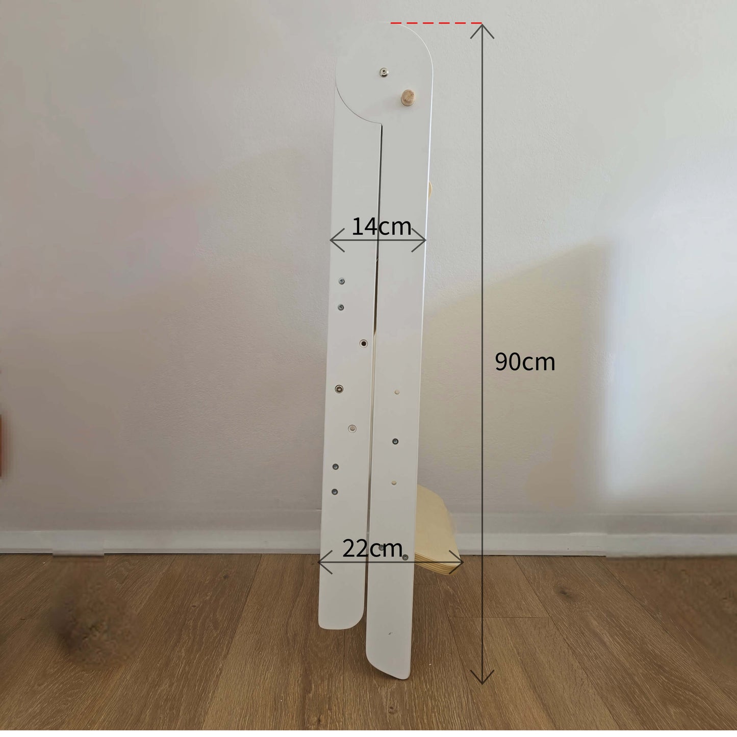 Side view of the closed Four Little Monkeys White Adjustable Foldable Learning Tower with displayed dimensions, illustrating its compact design for storage.