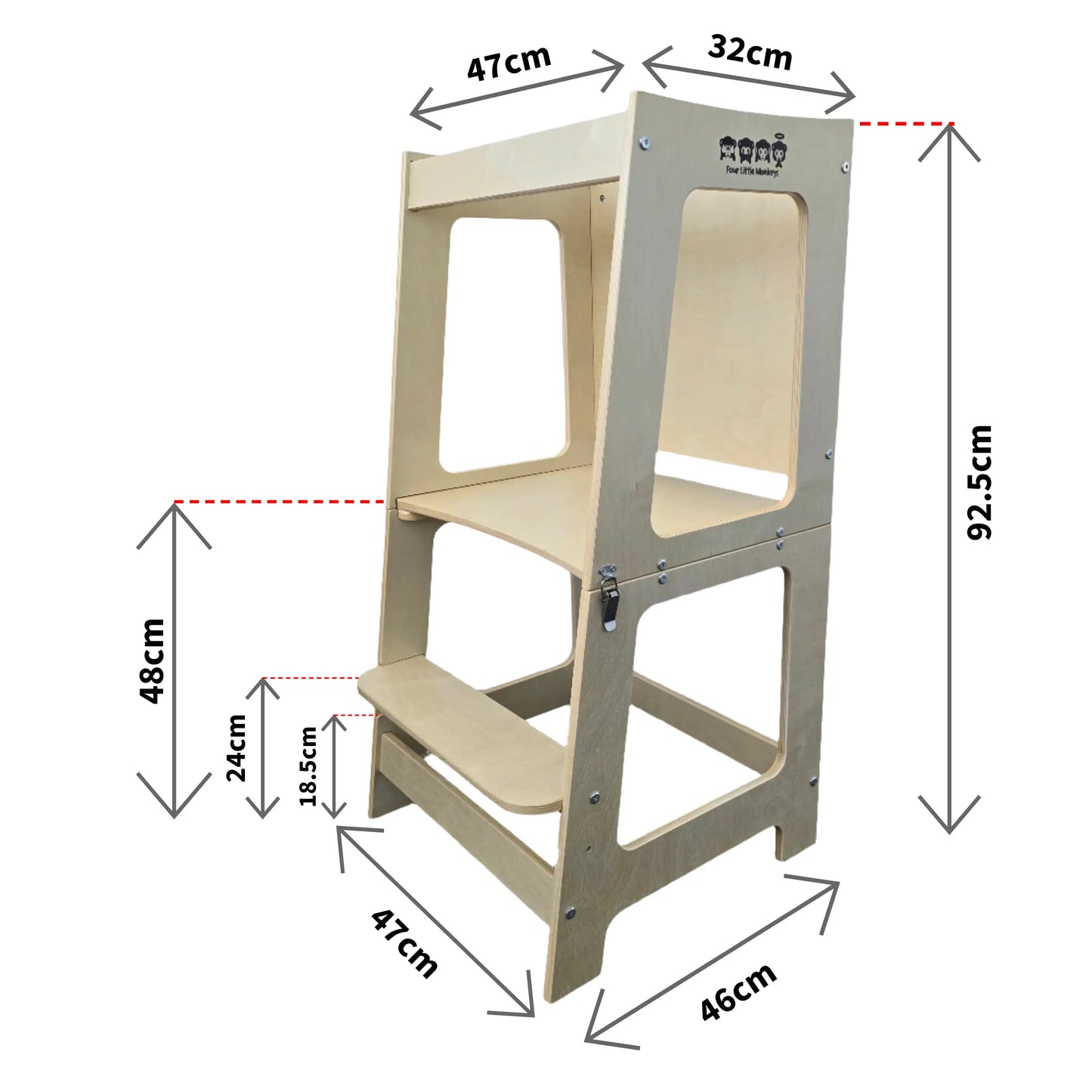 Diagram of the wooden convertible learning tower in tower configuration, displaying dimensions for height, width, and depth in inches.