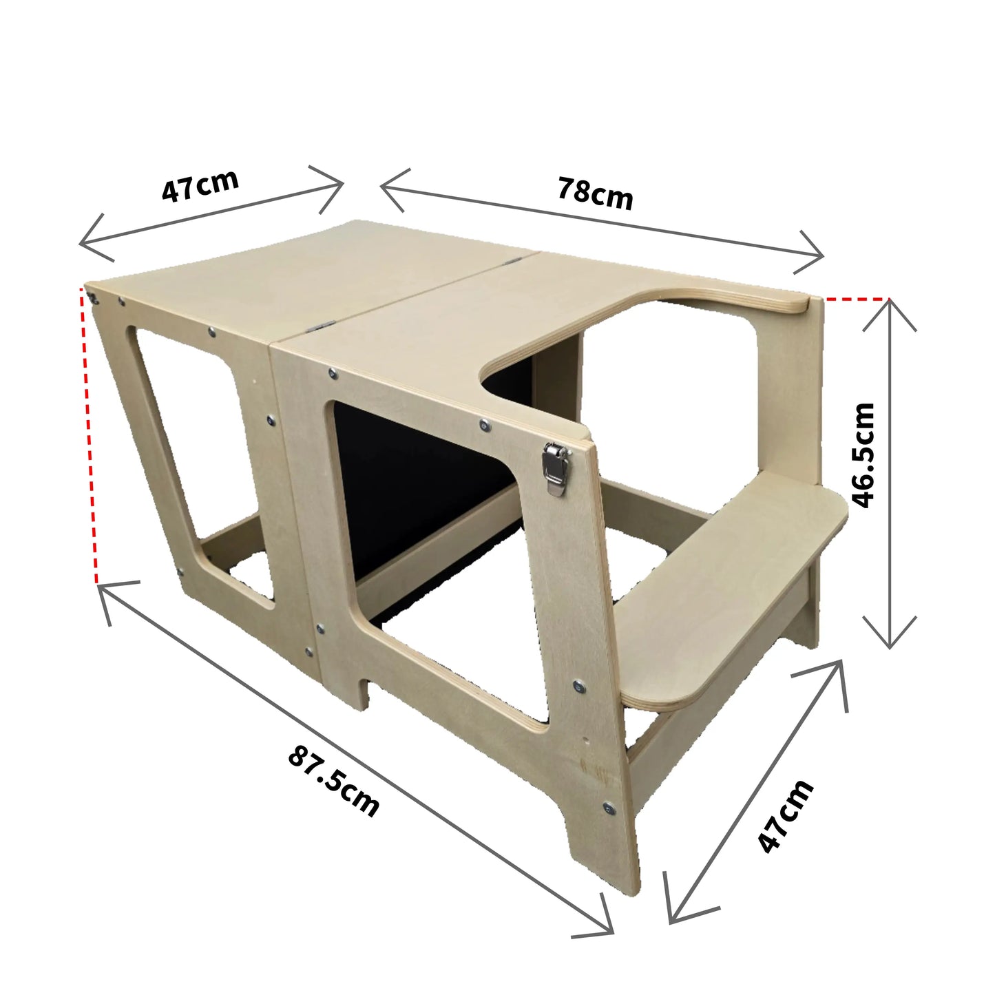 Diagram of the wooden convertible learning tower in table configuration, detailing dimensions for height, width, and depth in inches.