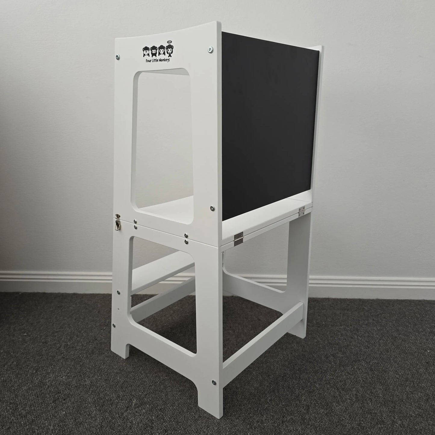 Main image of the Four Little Monkeys Convertible Learning Tower, shown in its tower configuration in white colour.