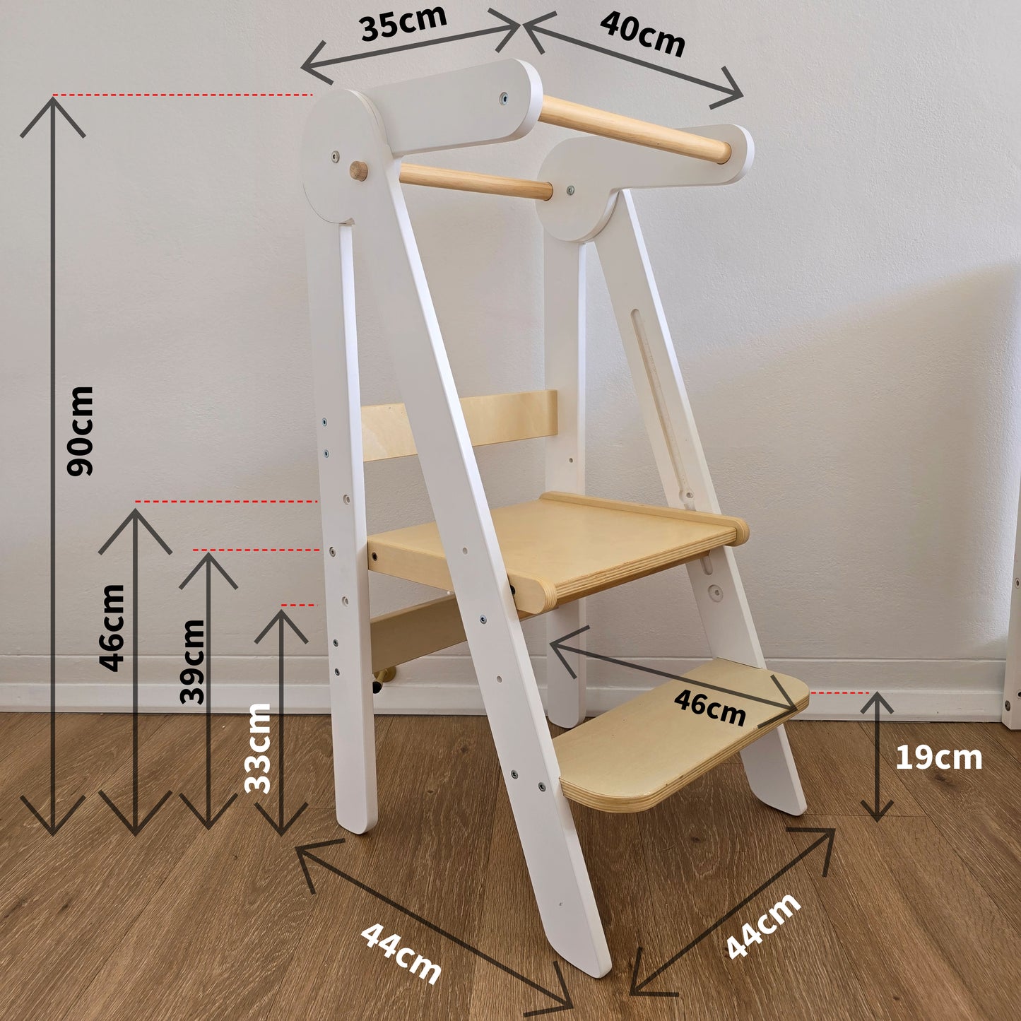 Image displaying all open dimensions of the Four Little Monkeys White Adjustable Foldable Learning Tower, showing height, width and depth measurements.
