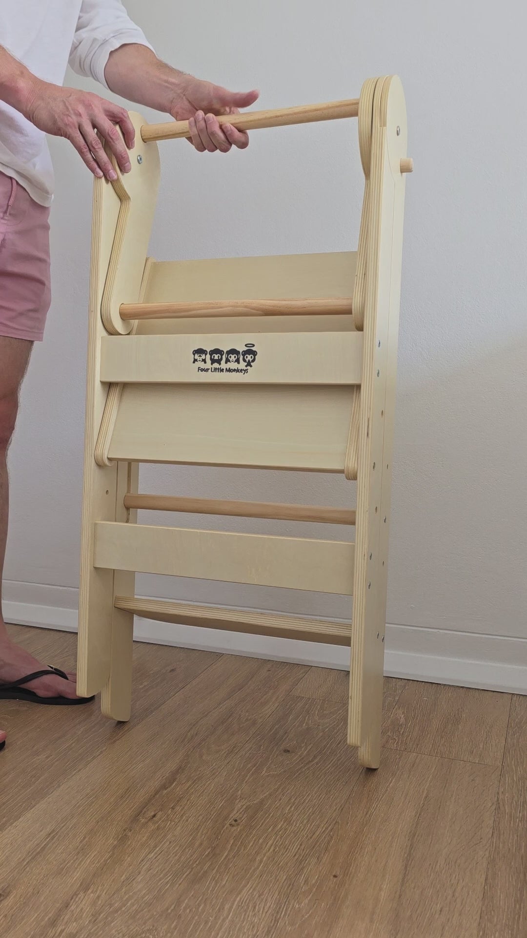 Video showcasing the simple steps to open the natural foldable learning tower, highlighting its convenience and ease of use for busy families.