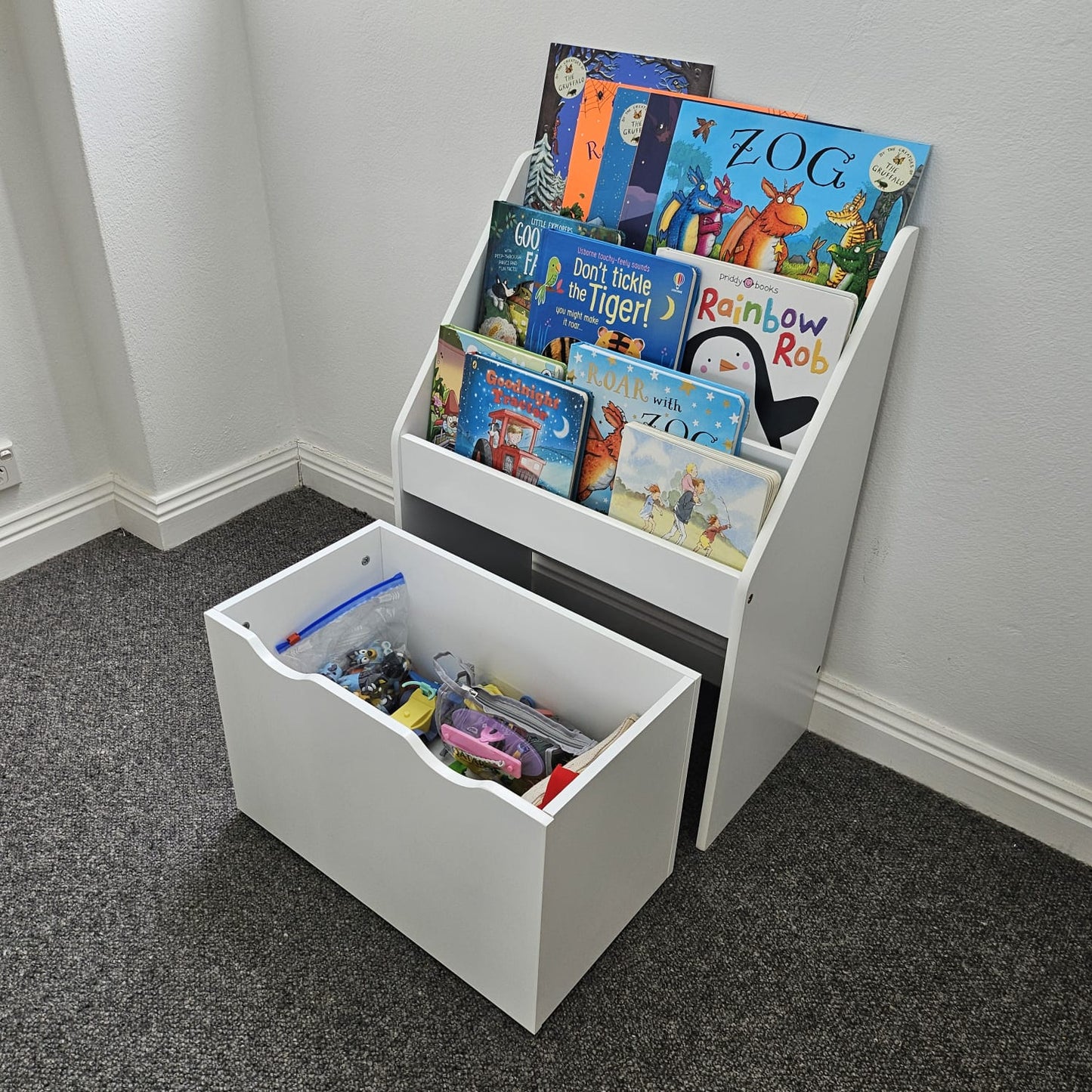 White Montessori Bookshelf with Removable Drawer Taken Out - Clean and Accessible