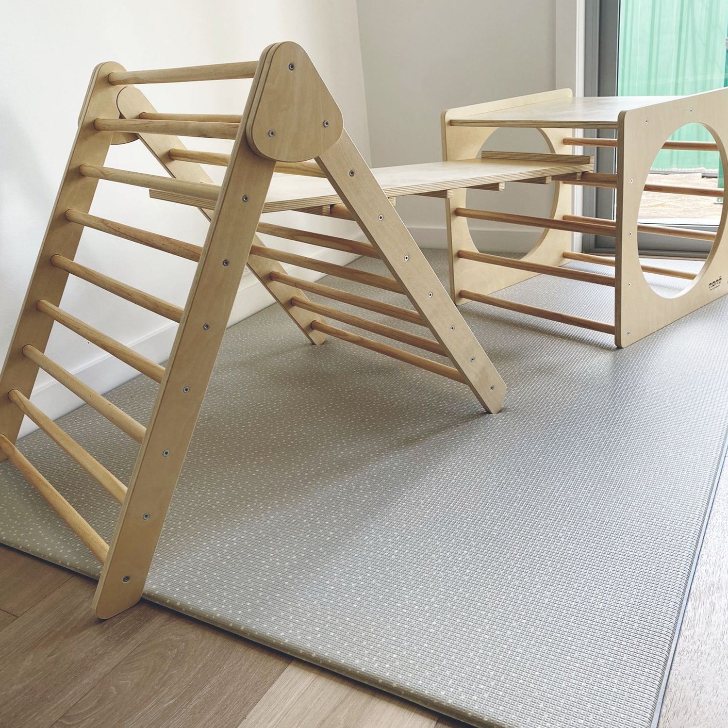 Image of a Pikler Triangle, Cube, and Ramp Bundle Set, showcasing the versatile play structures designed for developmental climbing and creative play for young children.