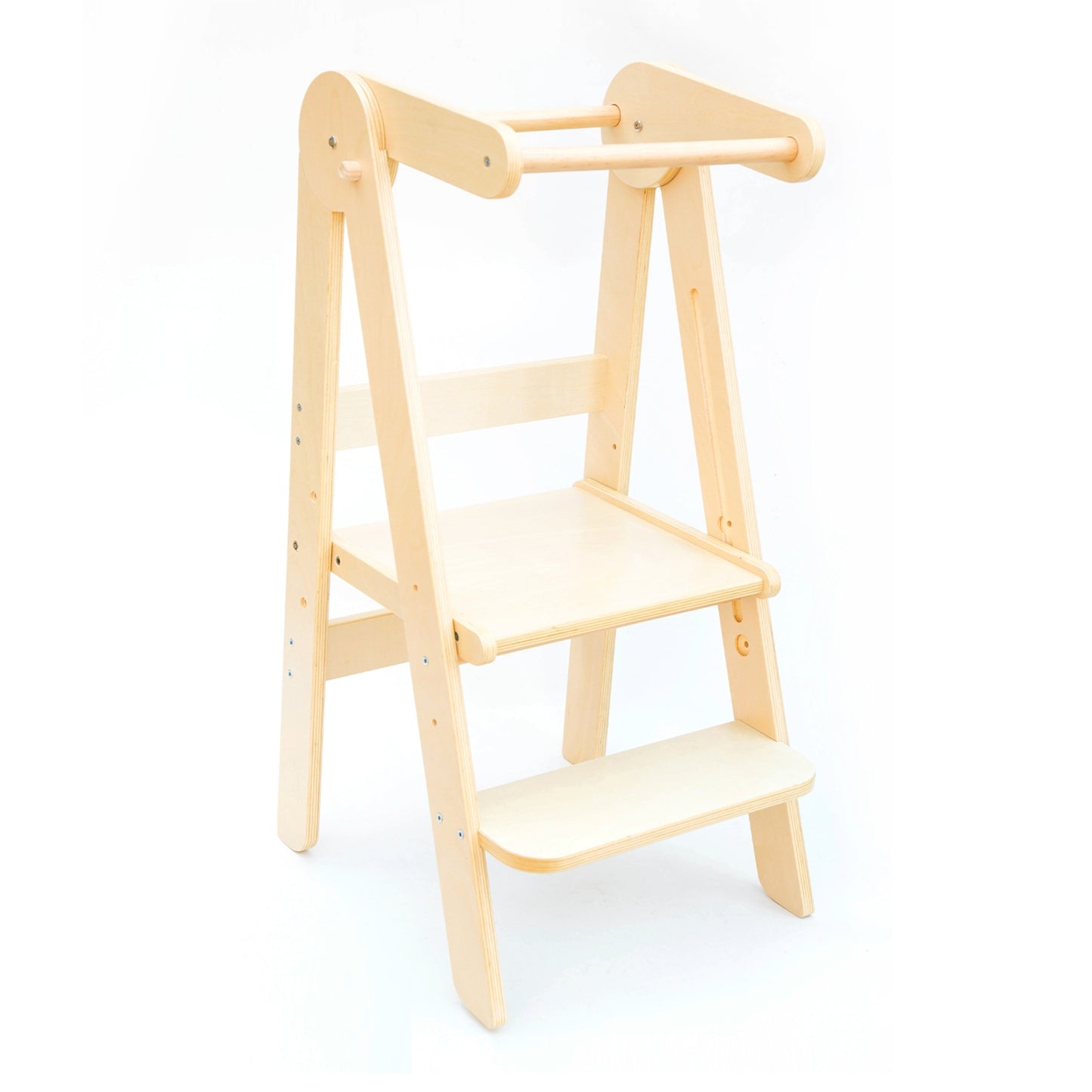 Front view of the Natural Adjustable Foldable Learning Tower displaying the adjustable platforms on a white background.