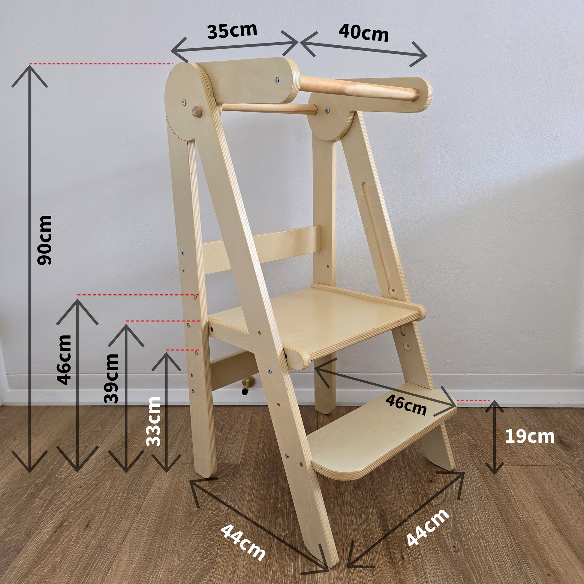 Image displaying all open dimensions of the Four Little Monkeys Natural Adjustable Foldable Learning Tower, showing height, width and depth measurements.