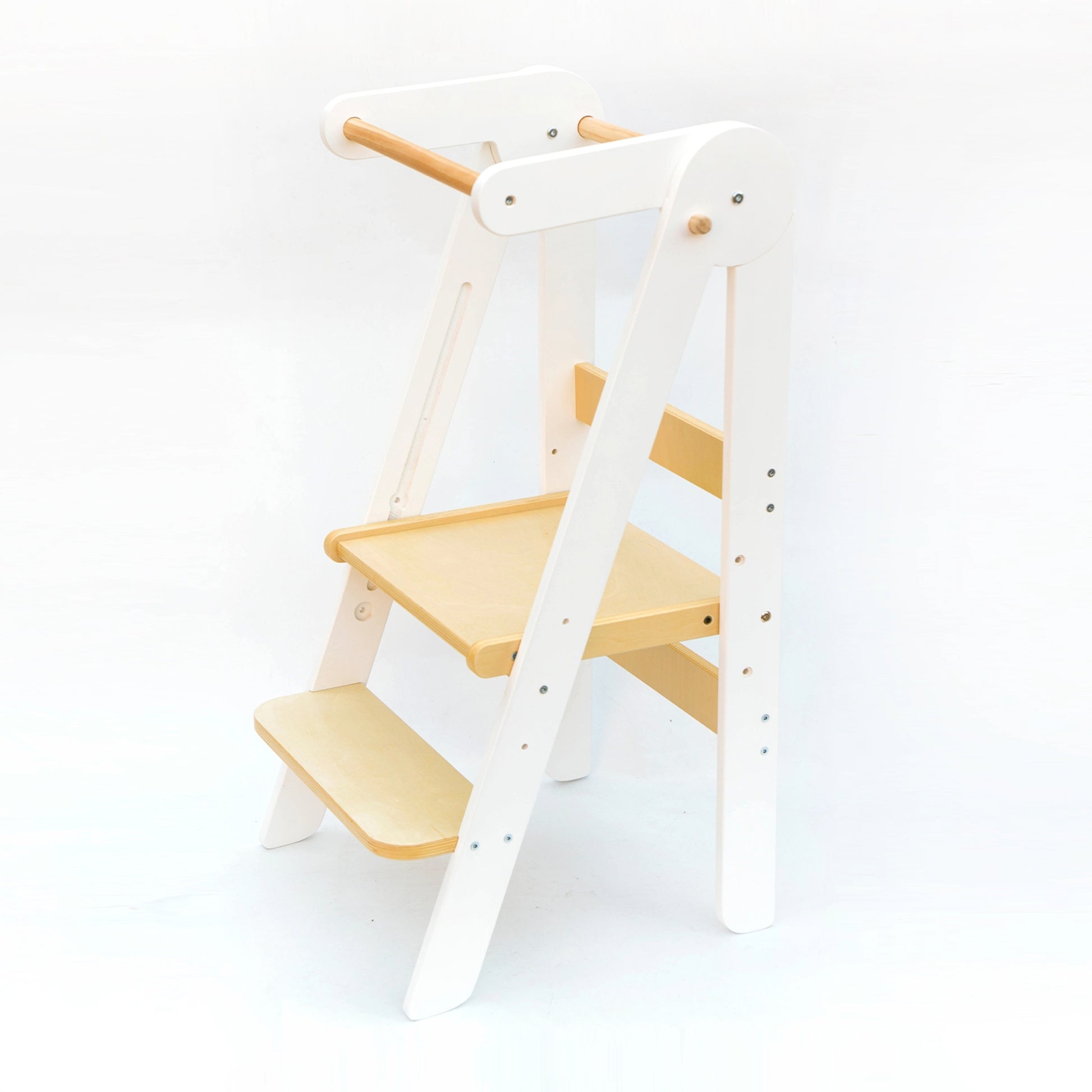 Front view of the White Adjustable Foldable Learning Tower displaying the adjustable platforms on a white background.