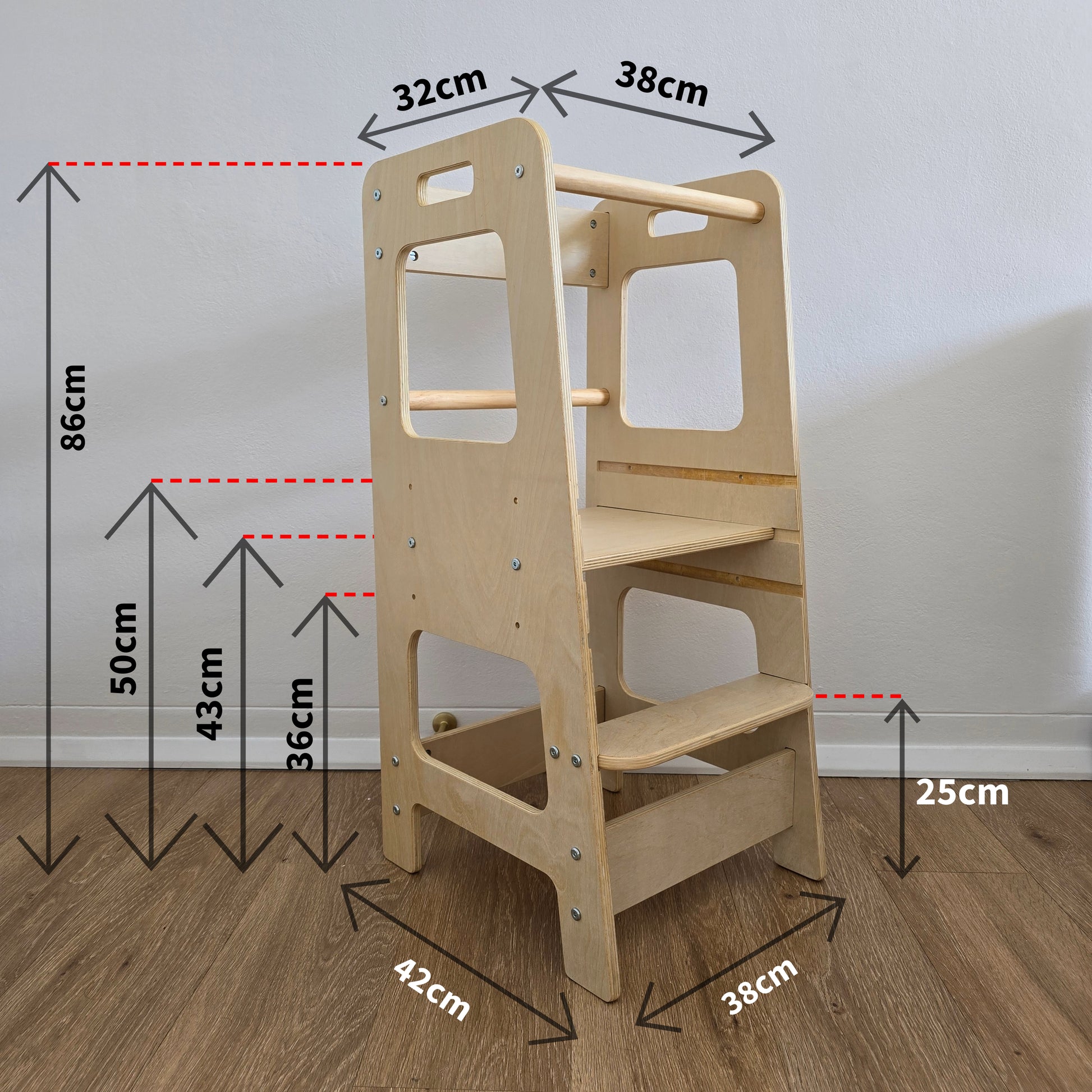 Natural Adjustable Learning Tower with dimensions displayed
