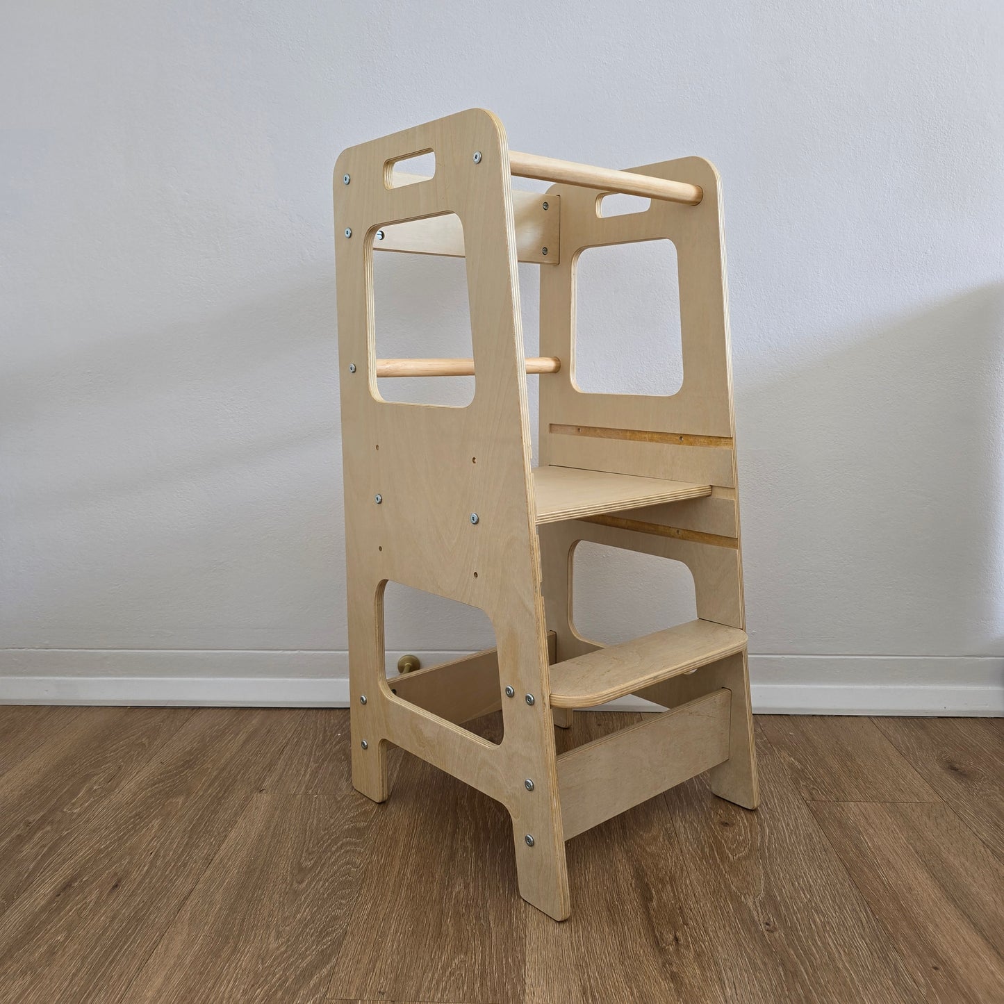 Front-angled view of the Natural Adjustable Learning Tower showcasing its design and build.