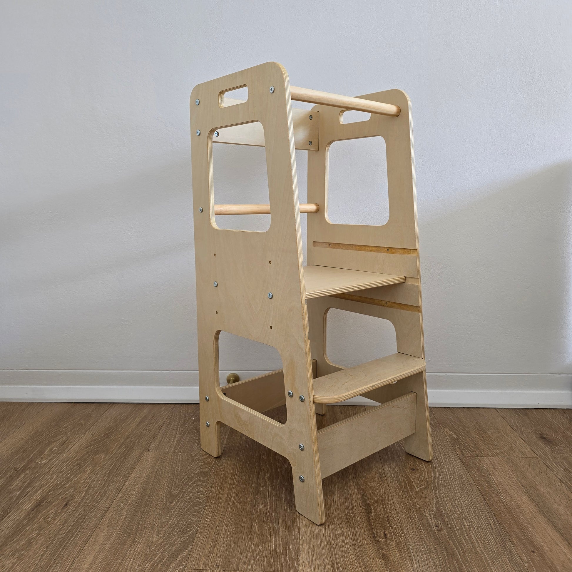 Front-angled view of the Natural Adjustable Learning Tower showcasing its design and build.