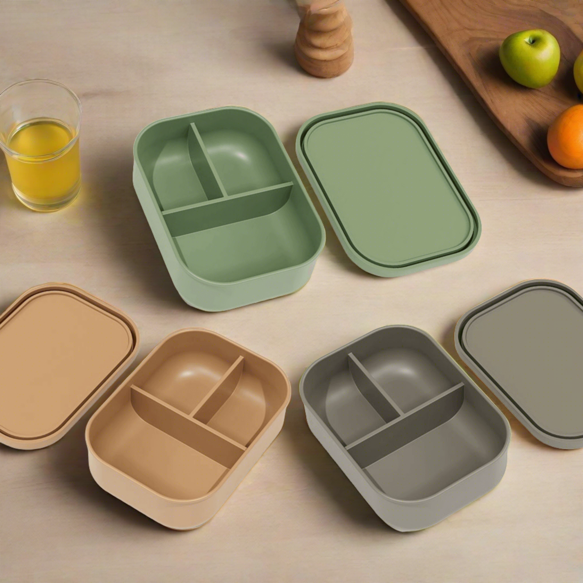 Full collection of 'Silicone Bento Lunch Box | 3x Compartments' in sage green, warm taupe, and  light grey.