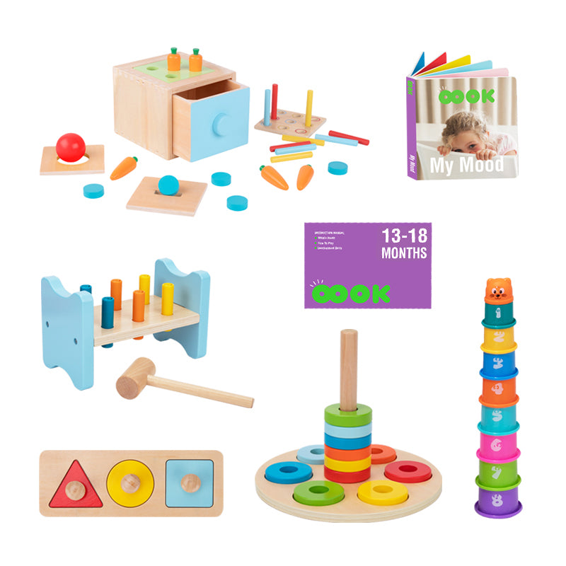Image of the contents of a Monkey Play & Learn Kit designed for children aged 13 to 18 months. The image displays various educational toys such as a colorful wooden stacker, stacking cups, a shape matching puzzle, a pound bench toy, a 'My Mood' picture book and a comprehensive playtime guide for parents.