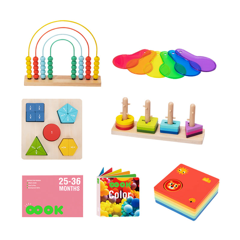 Image displaying the various contents of the Monkey Play and Learn Kit designed for children aged 25-36 months. The brightly colored and engaging contents include a geometric block sorter, color discovery paddles, a shape-based logic game, a fraction puzzle, a picture book exploring colors, a rainbow-colored abacus, and a comprehensive parent guide.