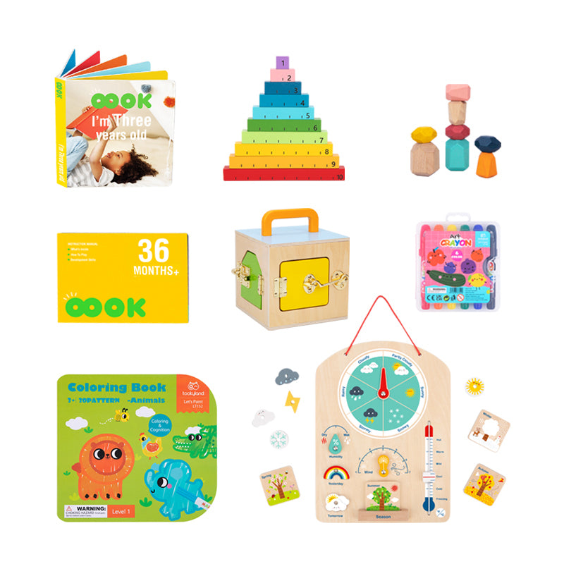 An assortment of vibrant cognitive play items from the 'Monkey Play and Learn Kit' designed for children aged 36+ months, including learning books, stacking pebbles, weather chart, counting game, a painting set, and a lockbox, all laid out to demonstrate contents.