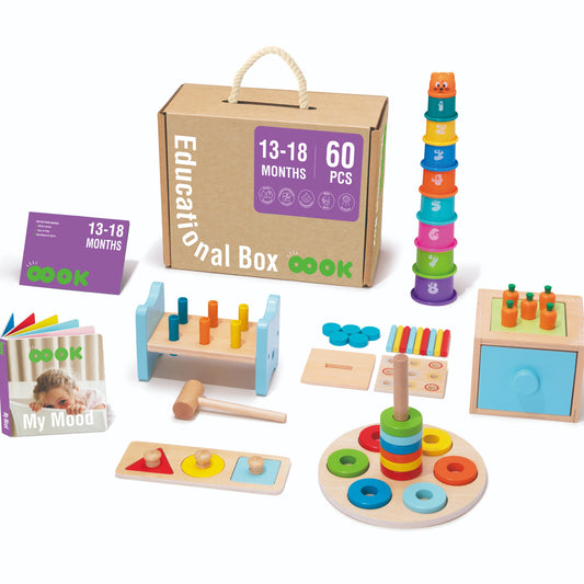 Contents of Monkey Play and Learn Kit for ages 13-18 months Montessori style play toys