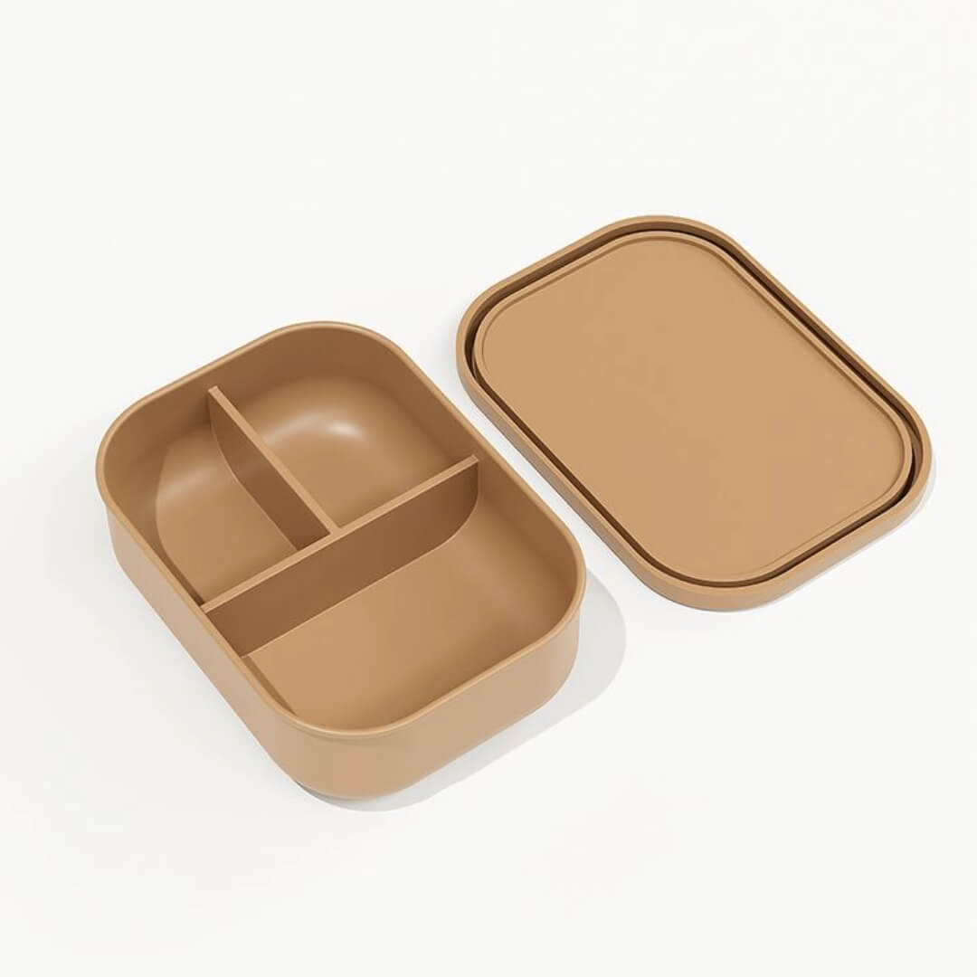 Warm taupe 'Silicone Bento Lunch Box | 3 Compartments' demonstrating a versatile and child-safe container for organizing a nutritious meal, crafted from robust silicone, perfect for active kids.