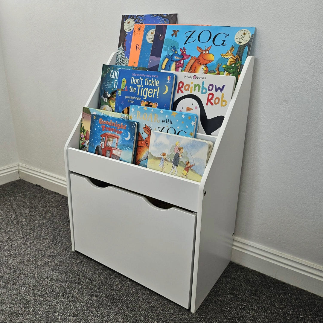 White Montessori Bookshelf with Closed Storage Drawer - Sleek and Child-Friendly Design